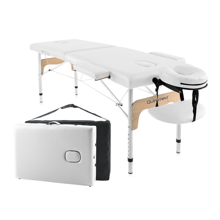 Масажний стіл Quirmed Leicht: легкий, складаний, з регулюванням висоти, білий, 180x60 см, з підголівником, для професійного використання