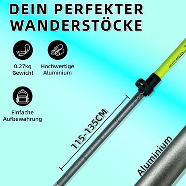 Складні трекінгові палиці | Телескопічні палиці для ходьби | Палиці для Nordic Walking та гірських походів | Алюміній, 115-135 см