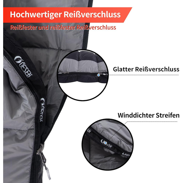 Сплячий мішок пуховий зимовий, 600FP+ Преміум пух, 12°C до -24°C, легкий та теплий для 3-4 сезонів, кемпінг, піші прогулянки та трекінг, оранжевий 12°C (чорний 0°C)