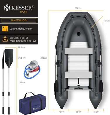 Надувний човен KESSER® Wave 320 см Комплект 6 в 1: човен, лавка, насос, весла, ремкомплект, сумка. Можливість встановлення мотора, для солоної води, антрацит