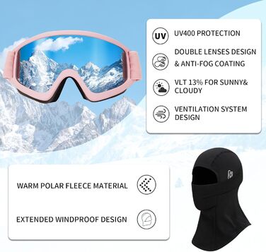 Шлем для лижного спорту Skihem DXH816 з маскою та захистом вух, для жінок та чоловіків, знімні навушники, дихаючий, захист від ударів, UV-захист, регульований, для сноуборду та лиж (Блискучий рожевий + лижні окуляри + маска, M)