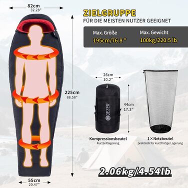 Спальний мішок зимовий з гусячого пуху 650 fill power, сертифікований RDS. Температурний режим від 8°C до -30°C. Ідеально для кемпінгу та альпінізму. Чорний.