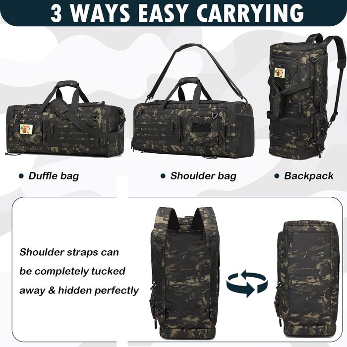 Спортивна сумка 50L для чоловіків 3-в-1 з відділенням для мокрого одягу та взуття, рюкзак, дорожня сумка, валіза ручної поклажі, для тренувань, залу, плавання, подорожей (Чорний CM)