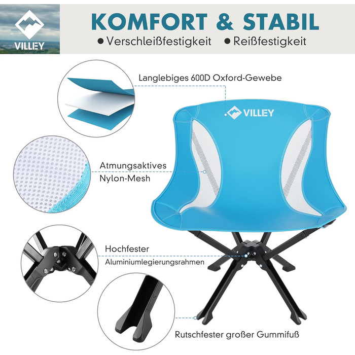 Складний туристичний стілець VILLEY, блакитний, з алюмінієвим каркасом, 150 кг, з сумкою для відпочинку та риболовлі