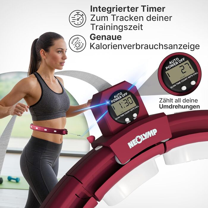 Розумний хулахуп Neolymp для схуднення та фітнесу, з лічильником калорій та відстеженням часу, регульований (29-40 см), колір Berry