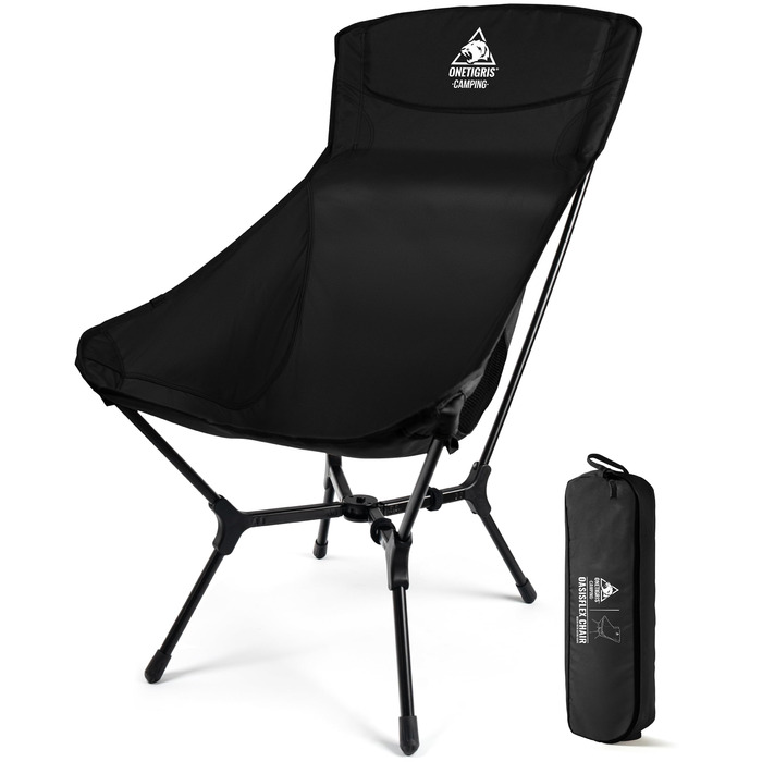 Стілець для кемпінгу OneTigris OASISFLEX, висока спинка, 150 кг, складний, легкий, з інтегрованим хрестоподібним каркасом, для риболовлі, з 2 кишенями, для відпочинку на природі, піших прогулянок (чорний)