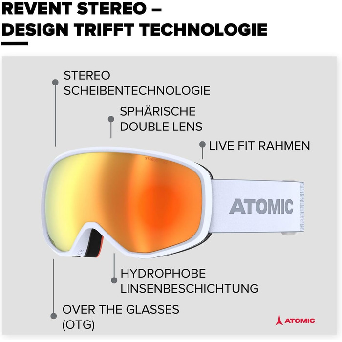Лижна маска ATOMIC REVENT STEREO з антибліковим дзеркальним склом, подвійна лінза, світло-сіра, Live Fit, для сноуборду та гірськолижного спорту