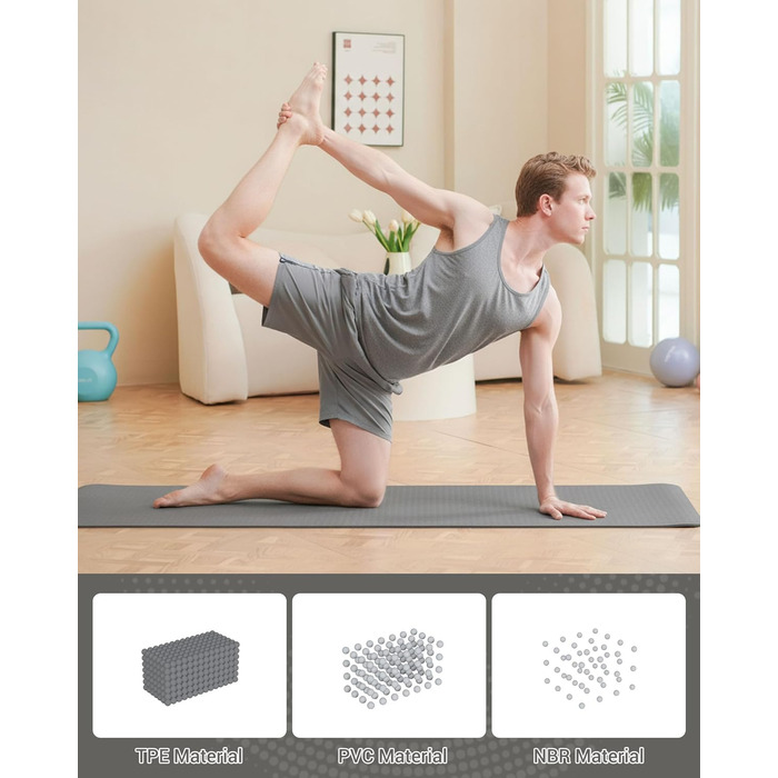 Килимок для гімнастики, йоги та фітнесу. Спортивний килимок для тренувань, пілатесу, з ручкою для перенесення, 183 x 61 x 0.6 см, сірий
