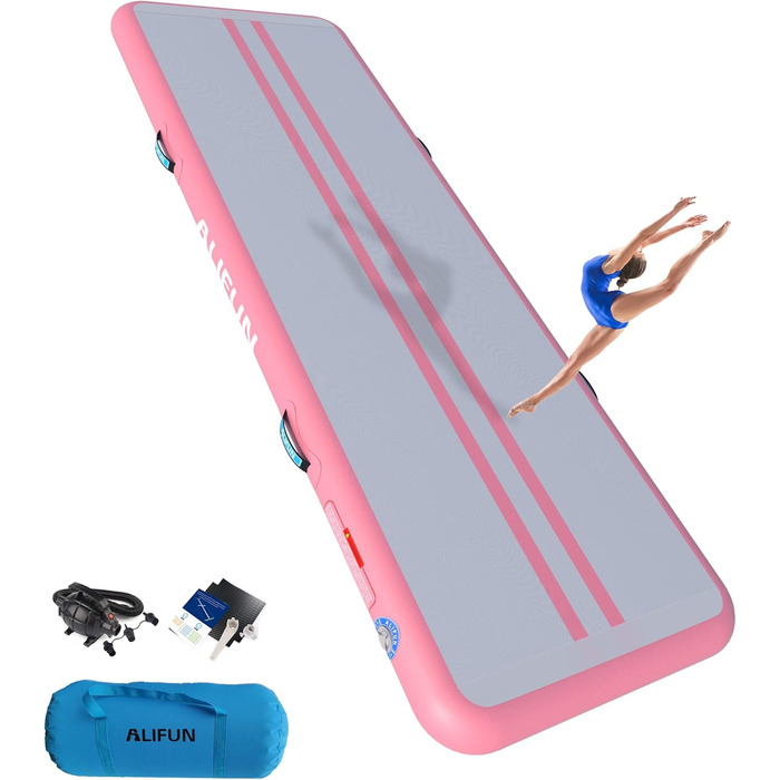 ALIFUN Гімнастичний надувний мат та акробатики надувний, 2/3/4/6 м, 10/20 см товщина, з насосом, для дому, фітнесу, тренувань, челедингу, басейну, світло-рожевий, 300x100x15 см