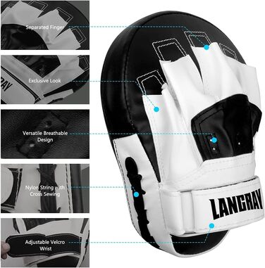 Рукавички для боксу LangRay - 1 пара, з штучної шкіри, для кікбоксингу, MMA, муай-тай, карате (чорно-білі)