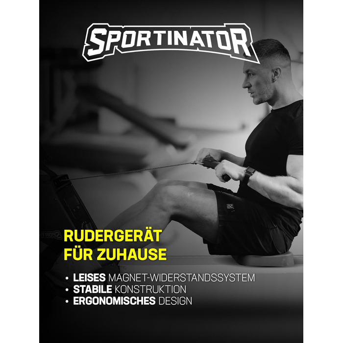 Гребний тренажер SPORTINATOR Apollon для дому, магнітний опір, цифровий дисплей, складаний, ергономічний, міцний корпус, до 130 кг, чорний