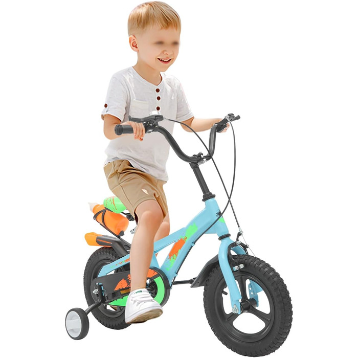 Дитячий велосипед 12 дюймів з додатковими колесами, кошиком, регульованим сидінням та кермом, двома гальмами, міцним рамою, для хлопчиків та дівчаток 2-5 років, з пляшкою для води та дзвіночком