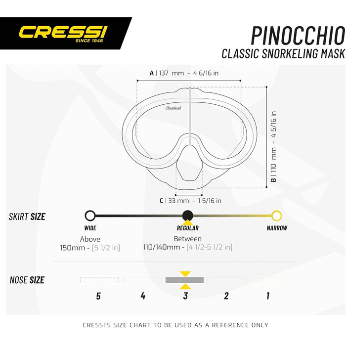 Маска для дайвінгу Cressi Pinocchio, чорна, універсальний розмір, культова модель