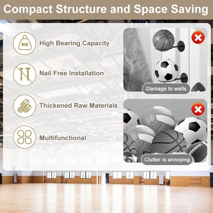 Стійка для зберігання м'ячів Kleemeiero: баскетбольний, футбольний, волейбольний, 5 м'ячів, 23.5 см, білий/чорний