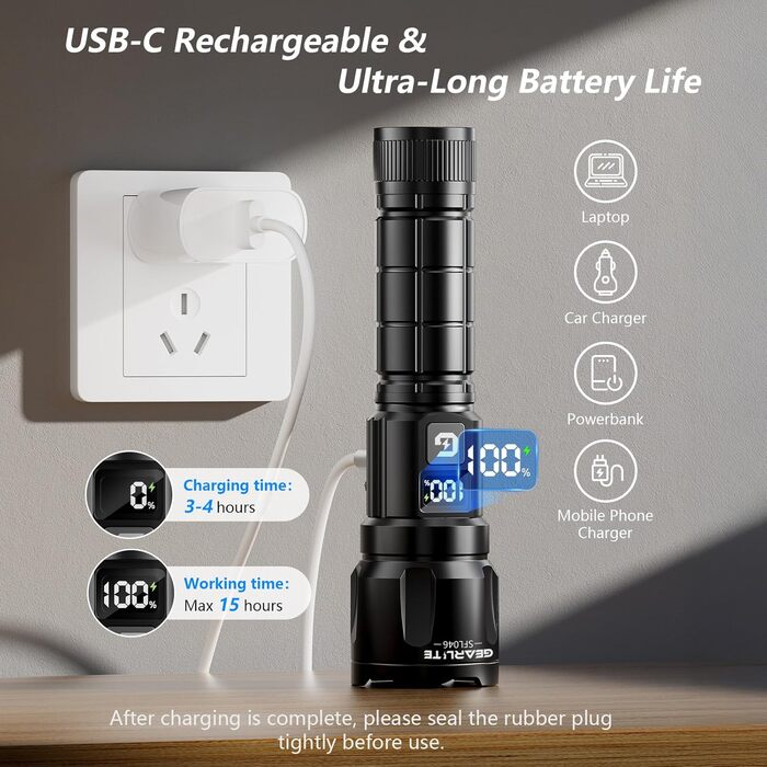 LED ліхтарик Gearlite: 6000 люмен, тактичний, з регулюванням фокусу, 3 режими, водонепроникний (IP65), для кемпінгу, риболовлі, надзвичайних ситуацій та піших прогулянок