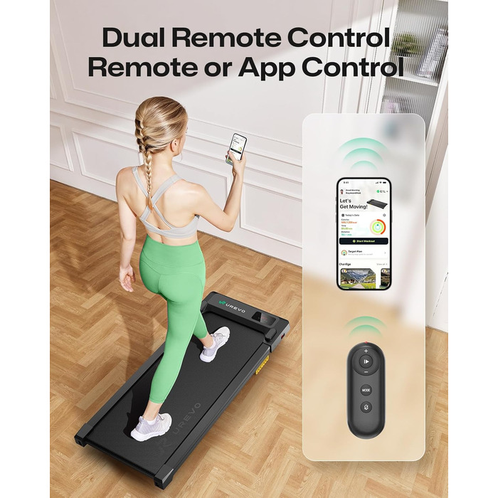 UREVO Smart Walking Pad - компактний біговий килимок під стіл з двома амортизаторами, додаток для фітнесу з відстеженням та режимом MIIT, керування пультом або додатком для дому/офісу, матовий чорний