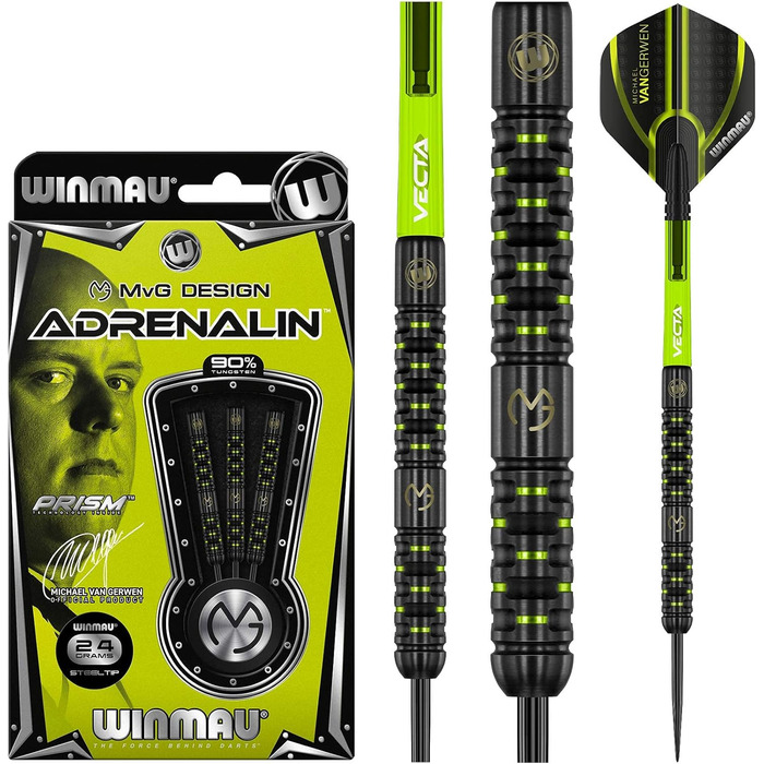 Дротики WINMAU Michael Van Gerwen MvG Adrenalin 24 г, професійні, вольфрамові, для дартсу, стілтіп, з оперенням та хвостовиками