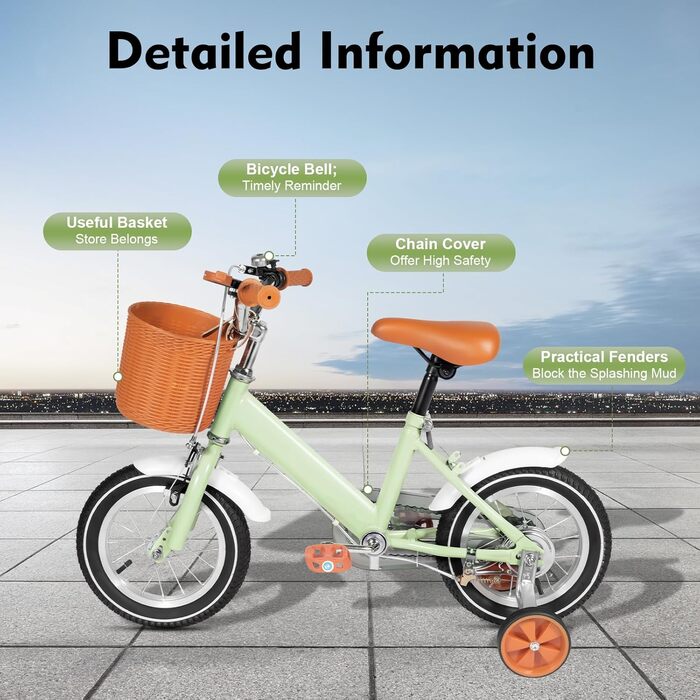 Дитячий велосипед 12 дюймів, для дітей 2-4 років, з кошиком та додатковими колесами, регульоване сидіння та кермо, подвійне гальмо, зелений