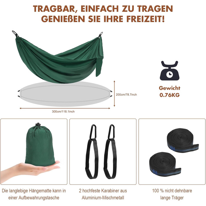 Гамак для кемпінгу на 2 особи, 275x140 см, 300 кг, з сумкою, для саду, балкону, відпочинку на природі (Pfauenblau/Pfauengrün)