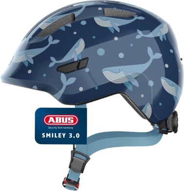 Дитячий велосипедний шолом ABUS Smiley 3.0, синій, для хлопчиків і дівчаток, глибока посадка, отвір для хвостика, розмір M (50-55 см), дизайн Blue Whale