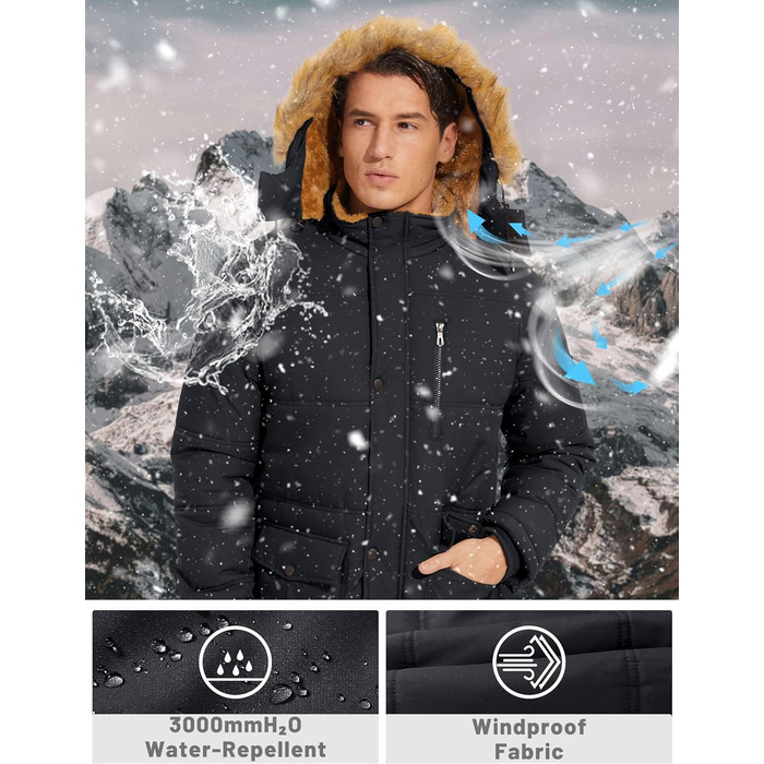 Чоловіча зимова куртка TACVASEN: водонепроникна, вітронепроникна, з капюшоном, чорна, 3XL