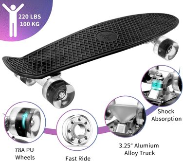 Скейтборд BELEEV 22 дюйми Mini Cruiser з LED колесами та T-інструментом для початківців (Чорний)