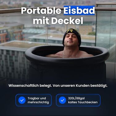 Тонна для криотерапії Eisbad для спортсменів з кришкою, портативна ванна для криотерапії, Cold Pod, складана надувна ванна для внутрішнього та зовнішнього використання (75 см)