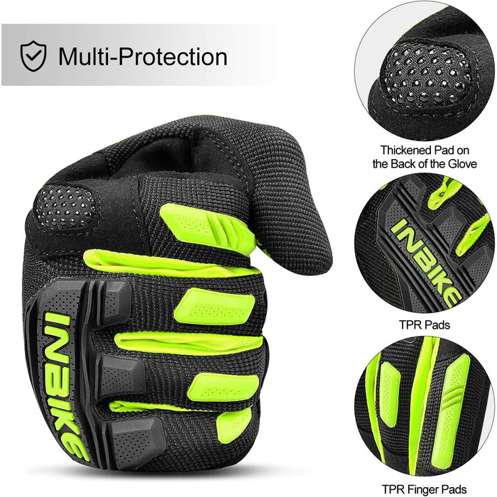 Велосипедні рукавички INBIKE MTB з повним пальцем, зелені, XL - для катання на гірському велосипеді, шосе та мотокросу. Зручні, дихаючі, з захистом пальців TPR та EVA.