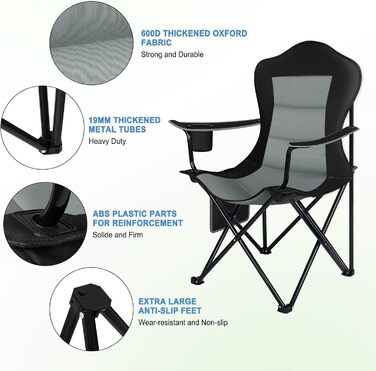 Складний туристичний стілець WOLTU - легкий, для відпочинку на природі, риболовлі, кемпінгу. Макс. навантаження 150 кг, з кишенею для напоїв, чорний + темно-сірий