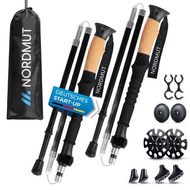 Складні трекінгові палиці NORDMUT® з алюмінію або карбону - регульована висота 1,50м/1,65м - ергономічні ручки, компактний розмір 105-120см