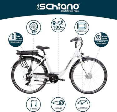 Електровелосипед F.lli Schiano E-Moon 28'' для чоловіків і жінок, 36В акумулятор, до 25 км/год, з мотором на багажнику, білий, з кошиком