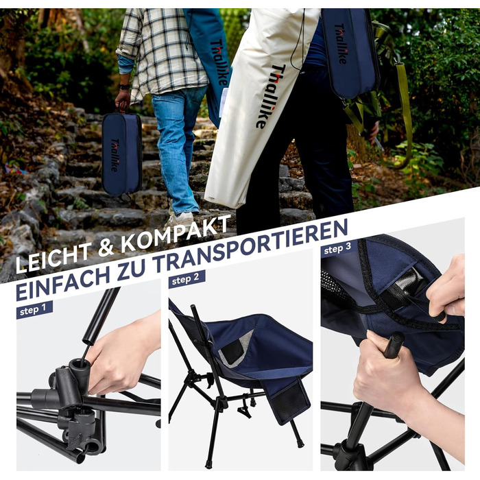Складний туристичний стільчик Hochlehner з підголівником, 150 кг, ультралегкий, портативний, з кишенями та сумкою для кемпінгу, пляжу, відпочинку на природі та піших прогулянок (Indigoblau)
