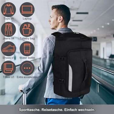 Спортивна сумка JiangLin 45L з відділенням для взуття та мокрих речей, велика дорожня сумка для чоловіків та жінок, рюкзак-валіза для спорту, подорожей, фітнесу, плавання (чорний)