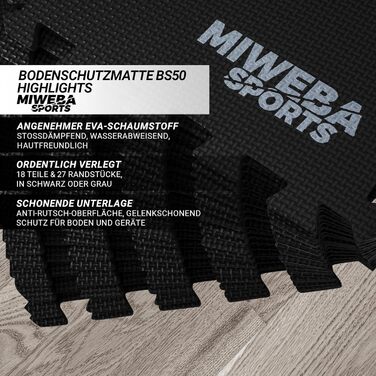 Пазлова захисна спортивна мат для підлоги Miweba BS50 8 шт. (1,7 м²) / BS100 18 шт. (3,175 м²) – для фітнесу, йоги, гімнастики