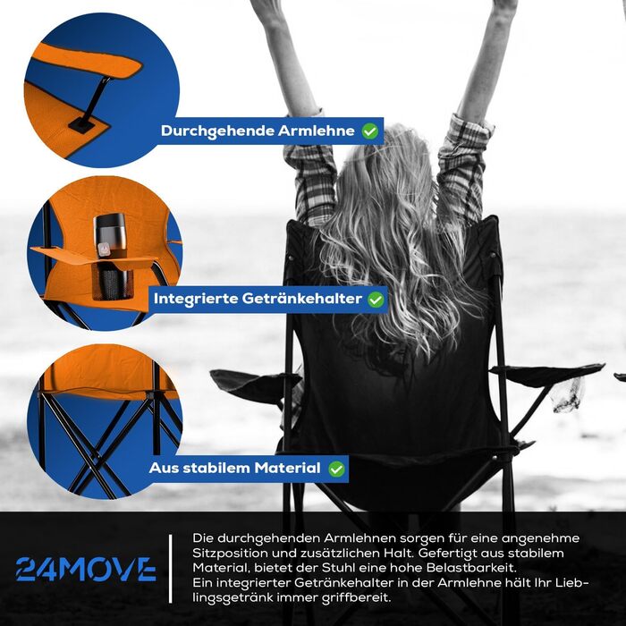 Складний стілець 24MOVE® для кемпінгу, риболовлі та відпочинку на природі з підстаканником. Зручний, компактний, з поліестеру, оранжевого кольору.