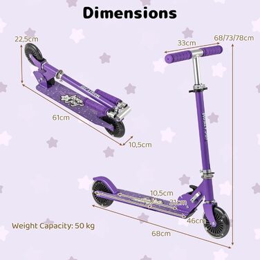 Самокат дитячий Kinder Scooter з LED-колесами, алюмінієвий, складаний, 3 регульовані висоти, до 50 кг, фіолетовий, зі стійкою та ременем безпеки