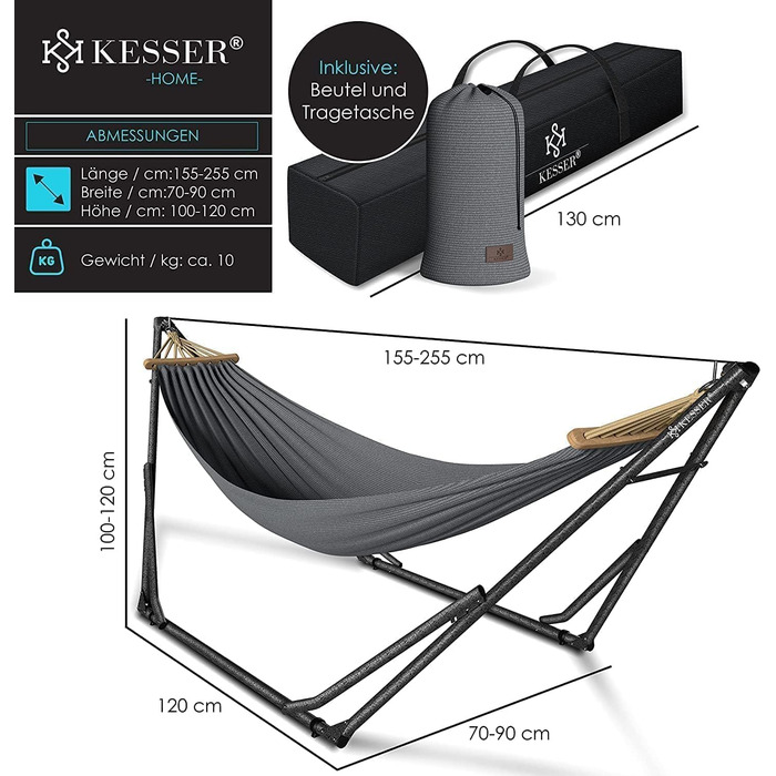 Гамак KESSER® з металевим каркасом, складаний, регульований, стабільний. Для дому та вулиці. З сумкою. Гамак-гойдалка для кемпінгу, саду, басейну, балкону, тераси (сірий)