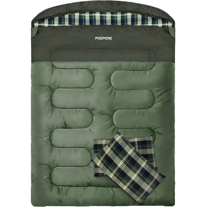 Спальний мішок для двох дорослих з флісу, зимовий, з подушками та сумкою для перенесення, 233*157 см, зелений