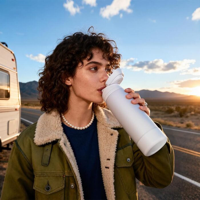 Спортивна пляшка для води Fjbottle з нержавіючої сталі 1000 мл, фіолетова, з кнопкою відкриття та силіконовим дном