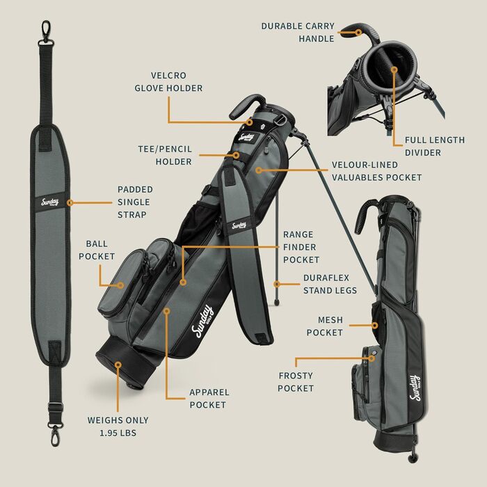 Гольф сумка Sunday Loma: легка, з ременем та стійкою – для пітч-н-пут, Par 3 та Executive курсів, сіра