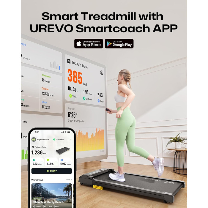 UREVO Smart Walking Pad: Бігова доріжка під стіл з двома амортизаторами, керування через додаток, для дому та офісу