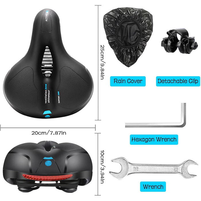 Велосипедне сідло для чоловіків та жінок, гелеве, з подвійною амортизацією, ергономічне, комфортне, для міських велосипедів та гірських велосипедів, блакитне, з інструментами для швидкої установки