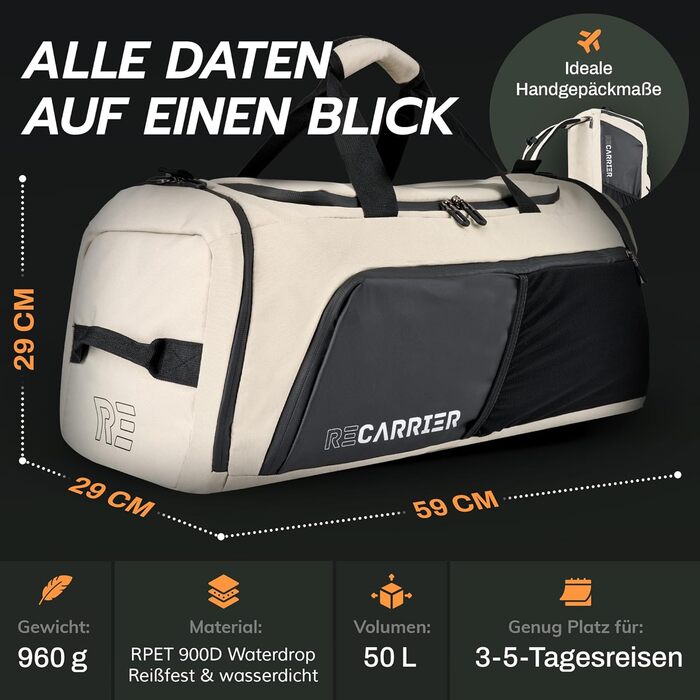 Спортивна сумка [з переробленого PET] 50L – сумка для спортзалу та рюкзак 2в1 – водонепроникна спортивна сумка для чоловіків та жінок – спортивний рюкзак з відділенням для взуття, велика туристична сумка (Савана Бежевий)