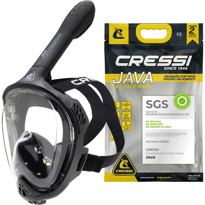 Маска для снорклінгу CRESSI Java Full Face - Повна маска, антизапітніння, силікон, сухий снорк, клапани безпеки (чорний/чорний, S/M)