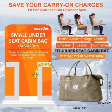 Дорожня сумка жіноча водонепроникна 45x36x20 см для ручної поклажі EasyJet, спортивна та тренувальна сумка для подорожей, фітнесу, басейну, колір хакі