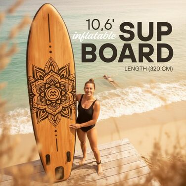 SUP дошка Matchu Komplettset – Дошка для Stand Up Paddling (SAP) – Чорна, 320x81x15 см, до 150 кг, антиковзке покриття, дерев'яний дек/мандала