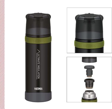 Термос-гірська пляшка для напоїв THERMOS 0,75 л, чорна, нержавіюча сталь з чашкою, 24 години зберігання тепла/холоду, легка та міцна, розбірна кришка, BPA-free