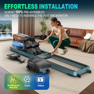 Веслувальний тренажер для дому, складаний водяний з Bluetooth монітором, тримачем для планшета, навантаження до 160 кг