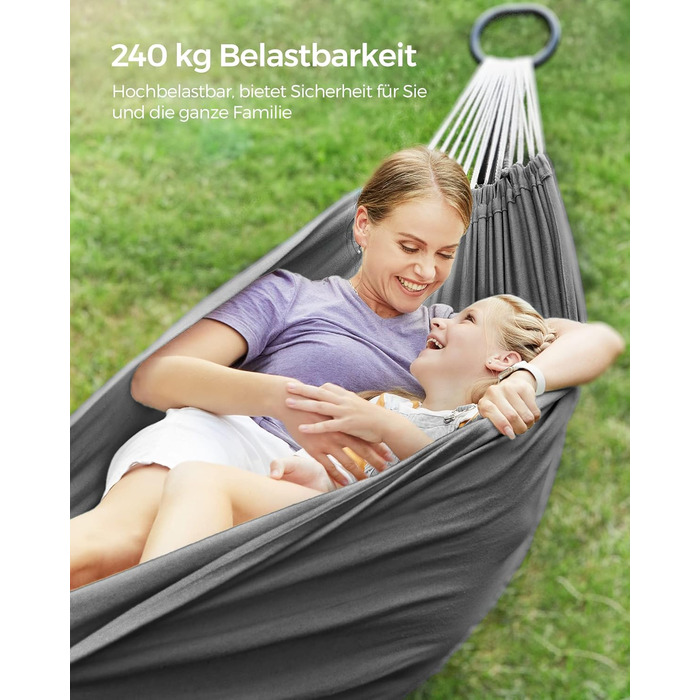 Гамак SONGMICS 210x150 см з металевим каркасом, регульована висота, до 240 кг, чорний каркас, сірий гамак для саду GHS001G01