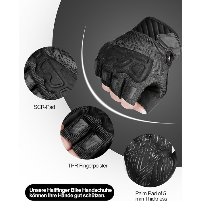 Рукавички INBIKE напівпальцеві гнучкі для велоспорту, мотокросу, фітнесу, тренувань, альпінізму з захистом пальців TPR та SCR, чорний, розмір M